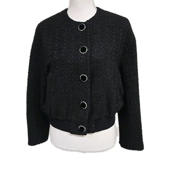 Zara Jackets & Blazers - Zara Textured Tweed Bomber Cropped Jacket Lined Pockets Black Women’s Size L